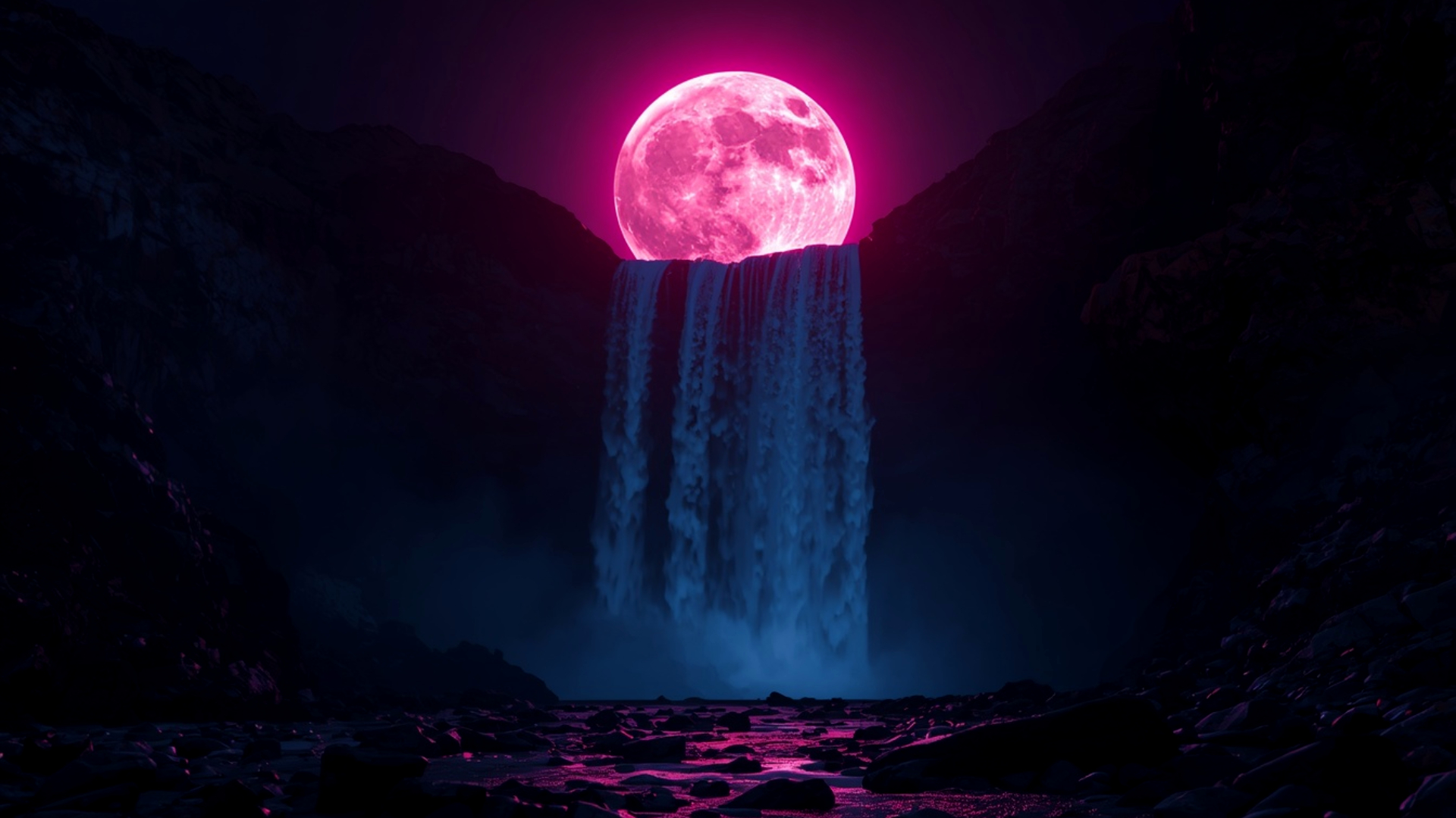  Pink glowing moon with waterfall amoled